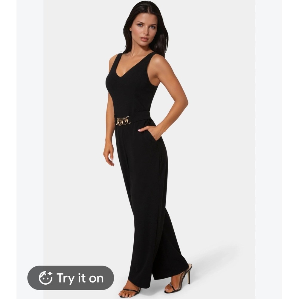 Joie De Vivre V-Neck Jumpsuit Gold Black Wide Leg Sleeveless Pocket Size Large